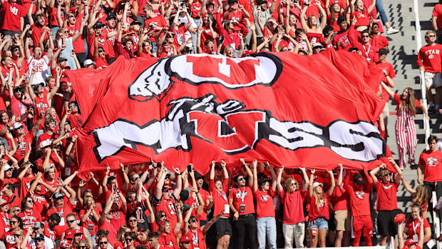 Sep 23, 2023; Salt Lake City, Utah, USA; The Mighty Utah Student Section (MUSS) during a moment of loudness between the third and fourth quarters against the UCLA Bruins at Rice-Eccles Stadium. Mandatory Credit: Rob Gray-USA TODAY Sports